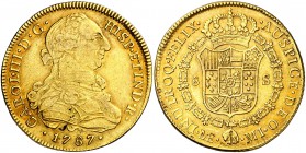 1787. Carlos III. Lima. MI. 8 escudos. (Cal. 46) (Cal.Onza 714). 26,92 g. Leves hojitas. Bonito color. MBC+.