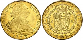 1773. Carlos III. Madrid. PJ. 8 escudos. (Cal. 53) (Cal.Onza 722 var). 26,95 g. Punto entre los ensayadores. Rayita. Parte de brillo original. Atracti...