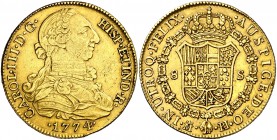 1774. Carlos III. Madrid. PJ. 8 escudos. (Cal. 54) (Cal.Onza 723). 26,93 g. Punto entre los ensayadores. Leves golpecitos. Rara. MBC+/EBC-.