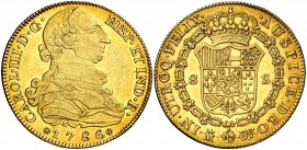 1786. Carlos III. Madrid. DV. 8 escudos. (Cal. 66) (Cal.Onza 737). 27,02 g. Bella. Brillo original. Precioso color. Rara y más así. EBC+.