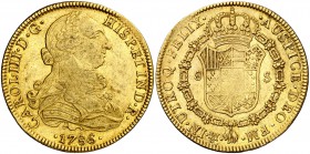 1786. Carlos III. México. FM. 8 escudos. (Cal. 110) (Cal.Onza 785). 27,01 g. Ceca y ensayador invertidos. MBC.
