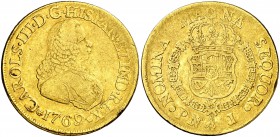 1769/7. Carlos III. Popayán. J. 8 escudos. (Cal. 120) (Cal.Onza 796) (Restrepo 70-13). 26,61 g. Busto de Fernando VI. Golpecitos. Acuñación floja. Rar...