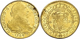 1784. Carlos III. Popayán. SF. 8 escudos. (Cal. 137) (Cal.Onza 820) (Restrepo 73-34). 26,95 g. Golpecitos. Parte de brillo original. MBC+.
