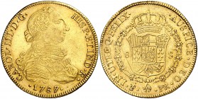 1787/6. Carlos III. Potosí. PR. 8 escudos. (Cal. 155) (Cal.Onza 840). 27,02 g. Sin clavos en la armadura. Bonito color. Rara. MBC+.