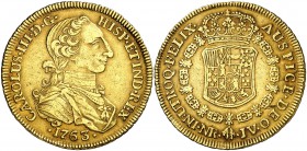 1763. Carlos III. Santa Fe de Nuevo Reino. JV. 8 escudos. (Cal. 162) (Cal.Onza 848) (Restrepo 71-2). 26,91 g. Tipo "cara de rata". Rara. MBC.
