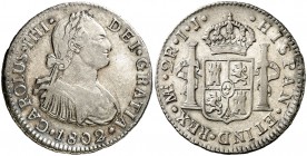 1802. Carlos IV. Lima. IJ. 2 reales. (Cal. 949). 6,64 g. Ex Áureo 20/04/2005, nº 496. Muy rara y más así. MBC+/EBC-.
