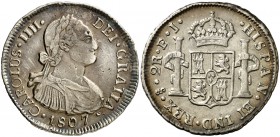 1807. Carlos IV. Santiago. FJ. 2 reales. (Cal. 1054). 6,73 g. Muy bello ejemplar. Bonito color. Ex Áureo & Calicó 17/12/2008, nº 561. Ex Colección Isa...