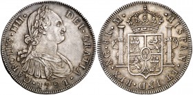 1791. Carlos IV. Guatemala. M. 8 reales. (Cal. 620). 26,91 g. Golpecito en canto. Preciosa pátina. Rara y más así. EBC.