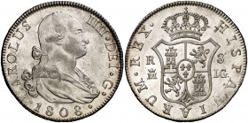 1808. Carlos IV. Madrid. IG. 8 reales. (Cal. 678). 26,93 g. Muy bella. Brillo original. Rara y más así. EBC+.