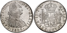 1806. Carlos IV. México. TH. 8 reales. (Cal. 705). 26,91 g. Rayitas. Parte de brillo original. Escasa así. EBC-/EBC.