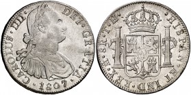 1807. Carlos IV. México. TH. 8 reales. (Cal. 707). 26,93 g. Leves marquitas. Brillo original. Escasa así. EBC-/EBC.