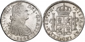 1808. Carlos IV. México. TH 8 reales. (Cal. 709). 27 g. Leves marquitas. Parte de brillo original. Escasa así. EBC-/EBC.