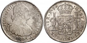 1803. Carlos IV. Santiago. FJ/JJ. 8 reales. (Cal. 754). 27,25 g. Leve defecto de cospel en borde. Parte de brillo original. Rara rectificación. MBC+/E...