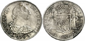1790. Carlos IV. Santiago. DA. 8 reales. (Cal. 734). 26,92 g. Busto de Carlos III. Ordinal IV. Leves oxidaciones superficiales. Buen ejemplar. Ex Áure...
