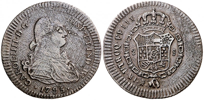 1795. Carlos IV. Madrid. 2 escudos. 4,45 g. Prueba en bronce ¿acuñada sobre 4 ma...