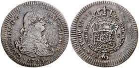 1795. Carlos IV. Madrid. 2 escudos. 4,45 g. Prueba en bronce ¿acuñada sobre 4 maravedís?. Rara. BC+.