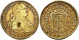 1792. Carlos IV. Popayán. JF. 4 escudos. (Cal. 231) (Restrepo 94-2). 13,46 g. Hojita. Bonito color. Rara. MBC/MBC+.