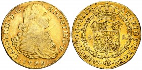 1792. Carlos IV. Lima. IJ. 8 escudos. (Cal. 9) (Cal.Onza 982). 26,92 g. Primer año de busto propio. Leves marquitas. Precioso color. MBC+/EBC-.