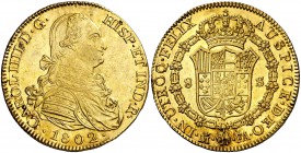 1802. Carlos IV. Madrid. FA. 8 escudos. (Cal. 33) (Cal.Onza 1012). 27,16 g. Sin punto después de FELIX ni delante de AUSPICE. Golpecitos en canto. Bel...