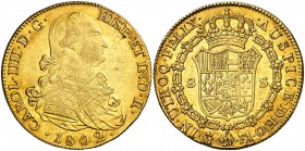 1802. Carlos IV. Madrid. FA. 8 escudos. (Cal. 33) (Cal.Onza 1011). 27,03 g. Con punto después de FELIX y delante de AUSPICE. Leves rayitas de acuñació...
