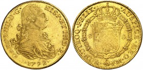 1792. Carlos IV. México. FM. 8 escudos. (Cal. 140) (Cal.Onza 1020). 27,03 g. Acuñación parcialmente floja en reverso. (EBC-).