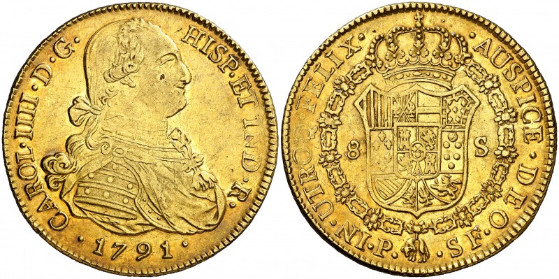 1791. Carlos IV. Popayán. SF. 8 escudos. (Cal. 69) (Cal.Onza 1051) (Restrepo 98-...