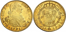 1791. Carlos IV. Popayán. SF. 8 escudos. (Cal. 69) (Cal.Onza 1051) (Restrepo 98-2). 26,95 g. Primer año de busto propio. Bonito color. MBC+.
