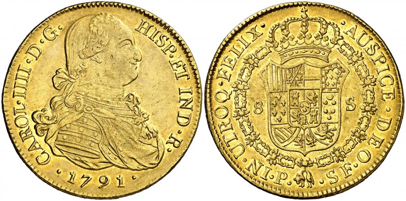 1791. Carlos IV. Popayán. SF. 8 escudos. (Cal. 69) (Cal.Onza 1051) (Restrepo 98-...