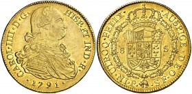 1791. Carlos IV. Popayán. SF. 8 escudos. (Cal. 69) (Cal.Onza 1051) (Restrepo 98-2). 26,98 g. Primer año de busto propio. Leves marquitas. Parte de bri...