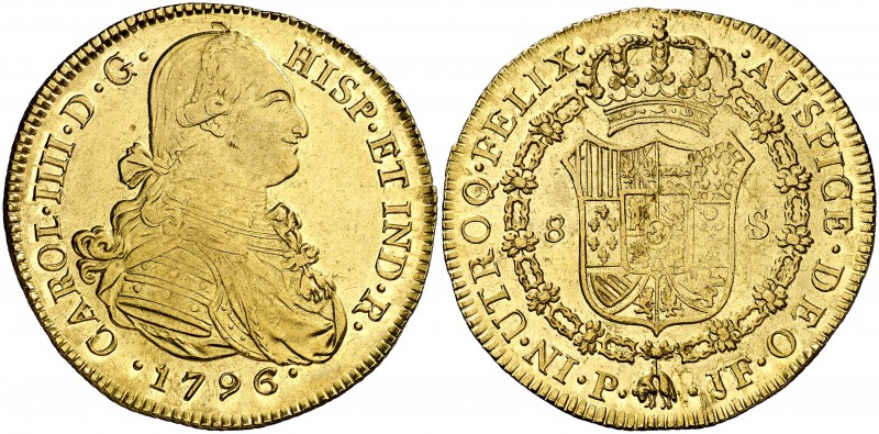 1796. Carlos IV. Popayán. JF. 8 escudos. (Cal. 75) (Cal.Onza 1059) (Restrepo 98-...
