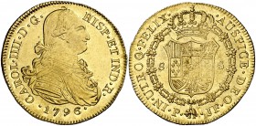 1796. Carlos IV. Popayán. JF. 8 escudos. (Cal. 75) (Cal.Onza 1059) (Restrepo 98-12). 27,03 g. Insignificantes hojitas en reverso. Bella. Brillo origin...