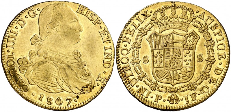 1807. Carlos IV. Popayán. JF. 8 escudos. (Cal. 90) (Cal.Onza 1074) (Restrepo 98-...