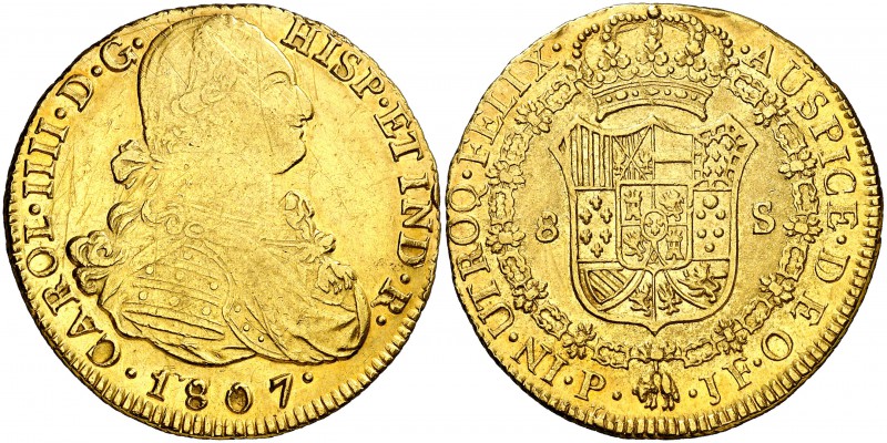 1807. Carlos IV. Popayán. JF. 8 escudos. (Cal. 90) (Cal.Onza 1074) (Restrepo 98-...