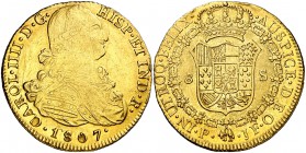 1807. Carlos IV. Popayán. JF. 8 escudos. (Cal. 90) (Cal.Onza 1074) (Restrepo 98-36). 26,99 g. Golpecitos y rayitas. Parte de brillo original. MBC/MBC+...
