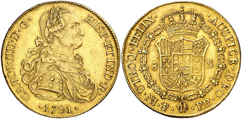 1791. Carlos IV. Potosí. PR. 8 escudos. (Cal. 95) (Cal.Onza 1084). 26,94 g. Bust...