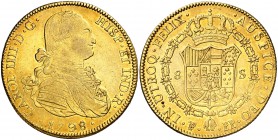 1798. Carlos IV. Potosí. PP. 8 escudos. (Cal. 105) (Cal.Onza 1097). 26,95 g. Rayita en reverso. Precioso color. Parte de brillo original. Escasa. MBC+...