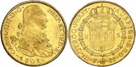 1801. Carlos IV. Potosí. PP. 8 escudos. (Cal. 108) (Cal.Onza 1100). 26,98 g. Leves hojitas. Bonito color. MBC+/EBC-.