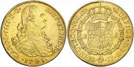 1791. Carlos IV. Santa Fe de Nuevo Reino. JJ. 8 escudos. (Cal. 120) (Cal.Onza 1118) (Restrepo 97-2a). 26,90 g. Primer año de busto propio. Sin punto e...
