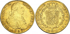 1792. Carlos IV. Santa Fe de Nuevo Reino. JJ. 8 escudos. (Cal. 121) (Cal.Onza 1121) (Restrepo 97-6a). 26,94 g. Trazo del 9 curvo. Leves golpecitos. MB...