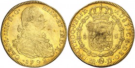 1792. Carlos IV. Santa Fe de Nuevo Reino. JJ. 8 escudos. (Cal. 121) (Cal.Onza 1121) (Restrepo 97-6a). 26,97 g. Trazo del 9 curvo. Leves marquitas. Pre...