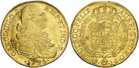 1795. Carlos IV. Santa Fe de Nuevo Reino. JJ. 8 escudos. (Cal. 125) (Cal.Onza 1126) (Restrepo 97-12). 26,95 g. Leves marquitas. Parte de brillo origin...