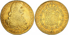 1797. Carlos IV. Santa Fe de Nuevo Reino. JJ. 8 escudos. (Cal. 127) (Cal.Onza 1129) (Restrepo 97-16a). 26,98 g. Sin punto delante de CAROL. Golpecito ...