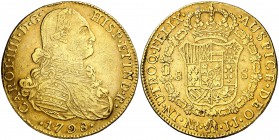 1798. Carlos IV. Santa Fe de Nuevo Reino. JJ. 8 escudos. (Cal. 128) (Cal.Onza 1130) (Restrepo 97-18). 26,82 g. Leves rayitas. Bonito color. MBC/MBC+.