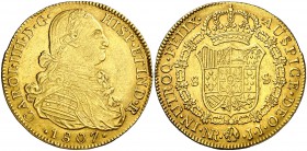 1807. Carlos IV. Santa Fe de Nuevo Reino. JJ. 8 escudos. (Cal. 143) (Cal.Onza 1074) (Restrepo 97-38). 26,87 g. Golpecitos en canto. Bonito color. MBC+...