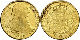 1793. Carlos IV. Santiago. DA. 8 escudos. (Cal. 152) (Cal.Onza 1157). 26,94 g. Leves marquitas. Parte de brillo original. MBC+.