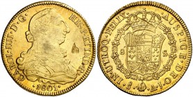 1801. Carlos IV. Santiago. AJ. 8 escudos. (Cal. 162) (Cal.Onza 1169). 26,99 g. Hojita. Precioso color. MBC+.