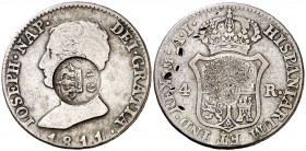 1811. José Napoleón. Madrid. AI. 4 reales. 5,90 g. Resello GP bajo corona (De Mey 4) del Gobierno Portugués para circular por las Azores. Raro y más s...