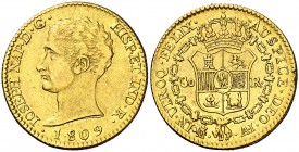 1809. José Napoleón. Madrid. AI. 80 reales. (Cal. 2). 6,74 g. Golpecito en canto del reverso. Parte de brillo original. Escasa. MBC+.