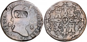 1832. Fernando VII. Segovia. 8 maravedís. 10,77 g. Resello carlista C.VI. Golpe en canto. Rara. MBC-.