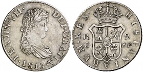 1813. Fernando VII. Catalunya (Mallorca). SF. 2 reales. (Cal. 859). 5,60 g. Punto entre los ensayadores y después de la F. Mínimas rayitas. Escasa. MB...